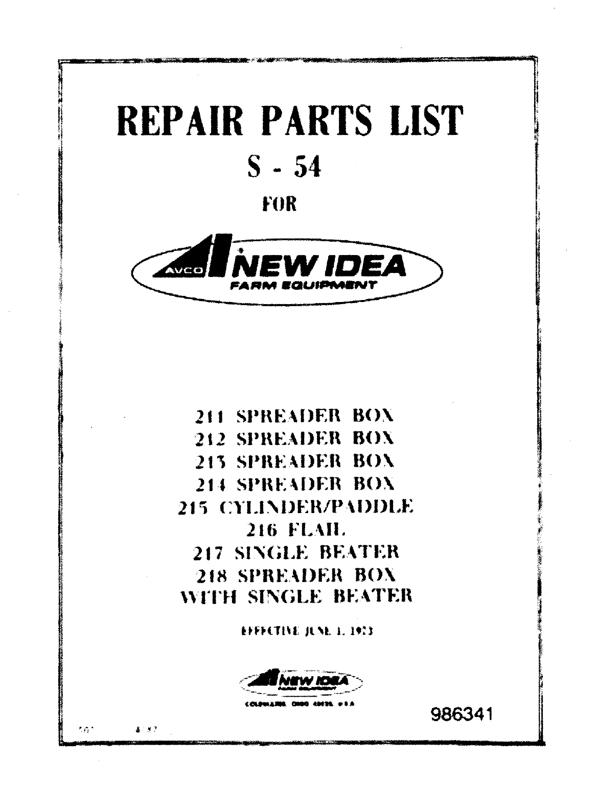 New Idea 211 Owners Manual